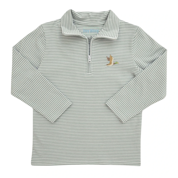 That Store boys green striped 1/4 zip pullover with an embroidered mallard duck on the chest