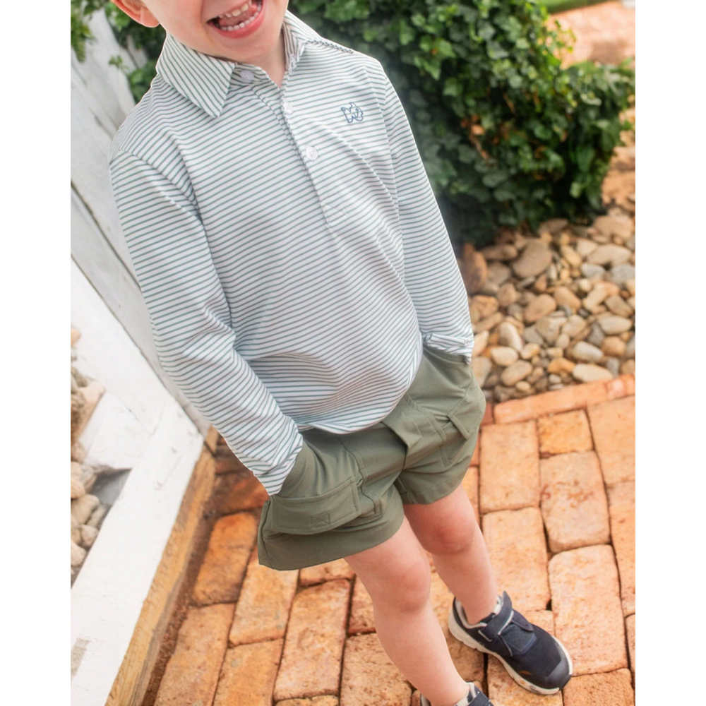 That Store boy's green spruce striped long sleeve performance polo with embroidered fish logo and UPF 50+ protection