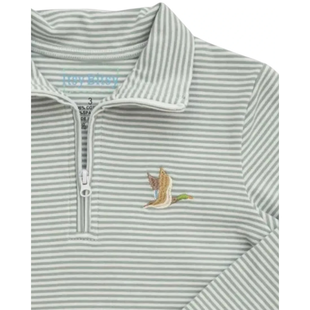 That Store boys green striped 1/4 zip pullover with an embroidered mallard duck on the chest