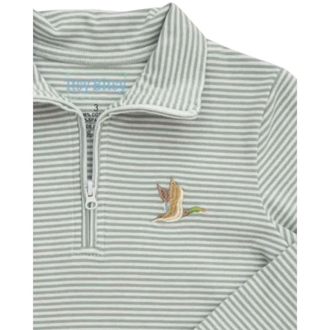 That Store boys green striped 1/4 zip pullover with an embroidered mallard duck on the chest