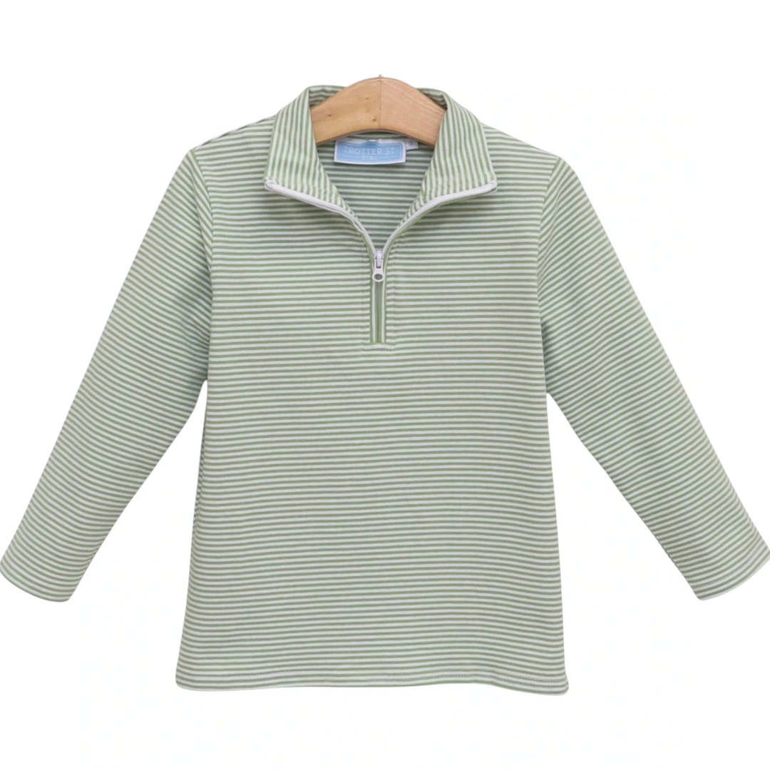That Store boys green striped pullover with a quarter-zip collar, made from soft cotton and spandex blend.