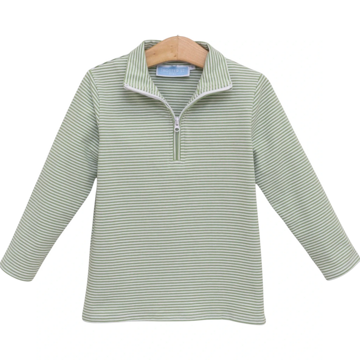 That Store boys green striped pullover with a quarter-zip collar, made from soft cotton and spandex blend.