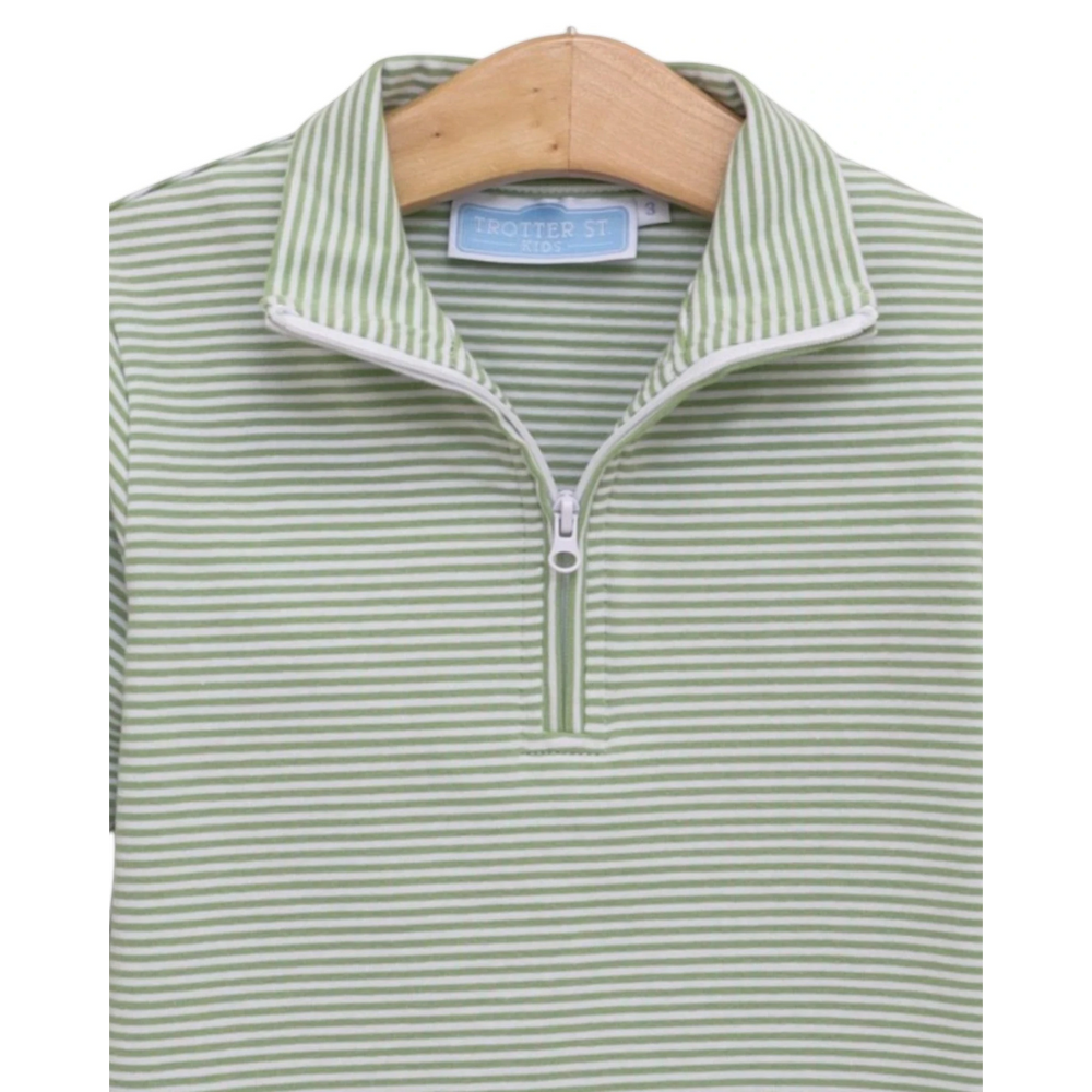 That Store boys green and white striped quarter-zip pullover made from soft cotton blend fabric on a wooden hanger