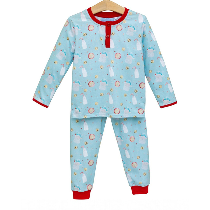 That Store boys lounge set in blue with a festive milk and cookies print, featuring red trim and soft cotton fabric.