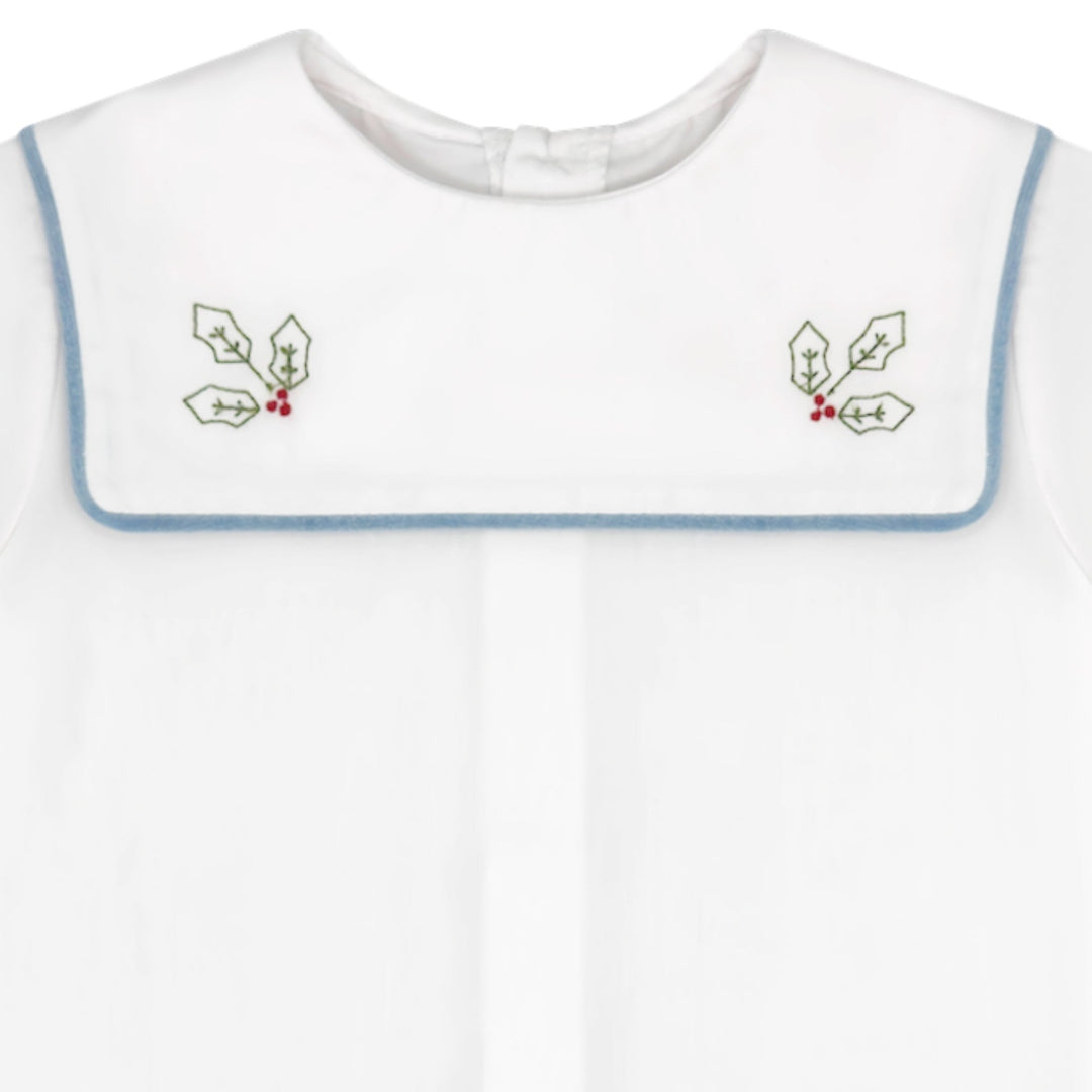 That Store boys white shirt with Beaufort blue velvet trim and festive holly embroidery for Christmas portraits