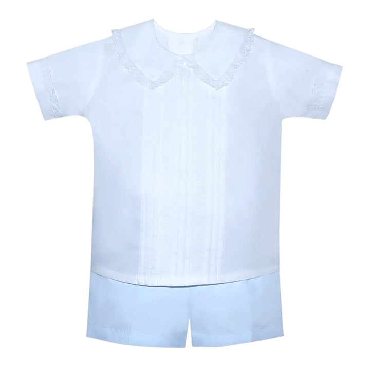 That Store boys white shirt with blue lace Peter Pan collar and pintucks paired with matching light blue shorts.