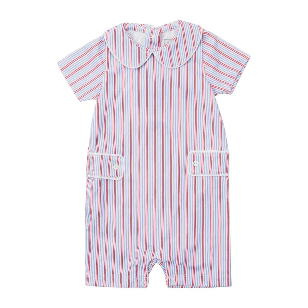 That Store boys' shortall in red, white, and blue liberty stripe Pima cotton with a Peter Pan collar and pockets.
