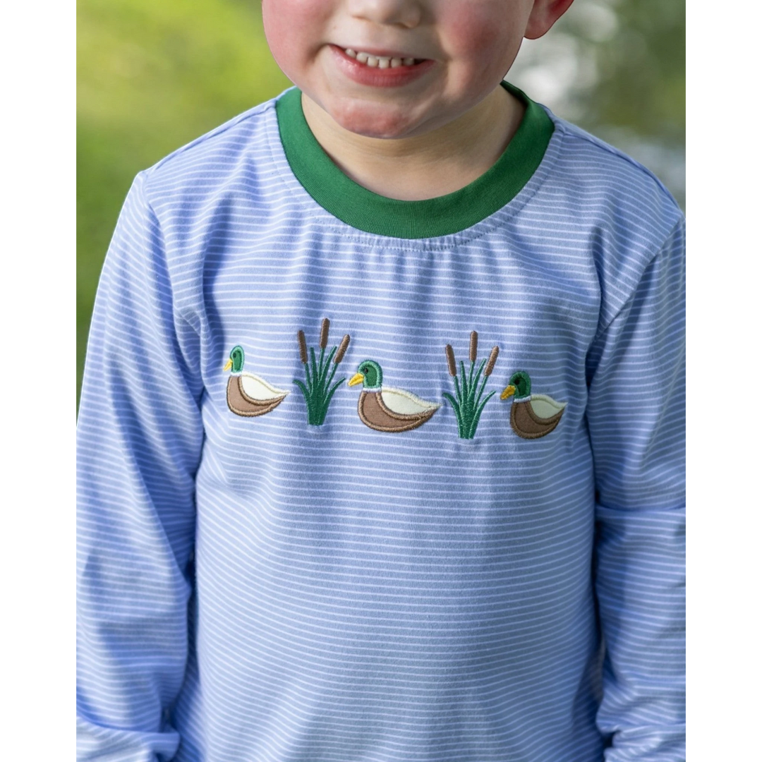 That Store boys blue stripe long sleeve shirt with mallard duck and cattail embroidery and green crew neck collar