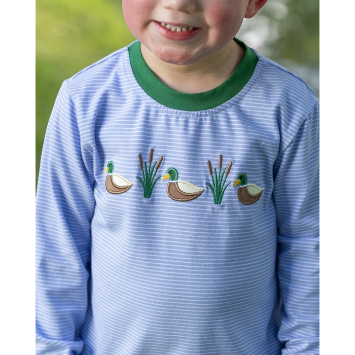 That Store boys blue stripe long sleeve shirt with mallard duck and cattail embroidery and green crew neck collar