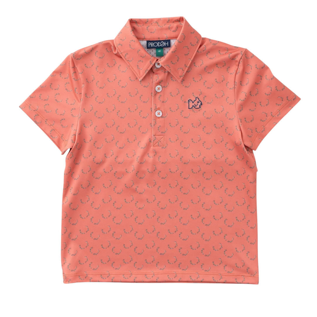 That Store boys short sleeve performance polo in crabapple with antler print, featuring a fish logo and 3-button placket