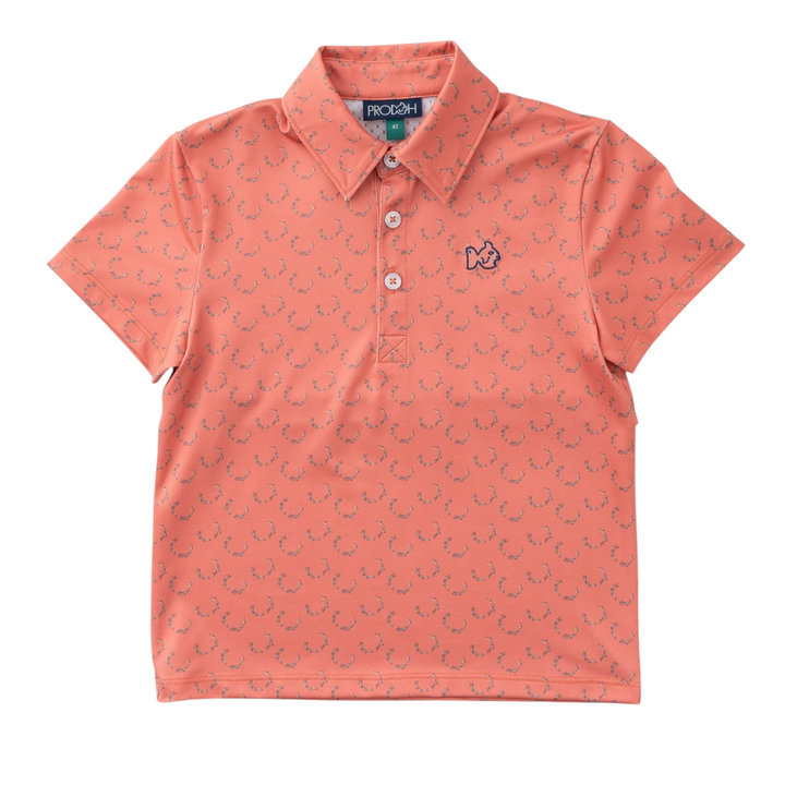 That Store boys short sleeve performance polo in crabapple with antler print, featuring a fish logo and 3-button placket