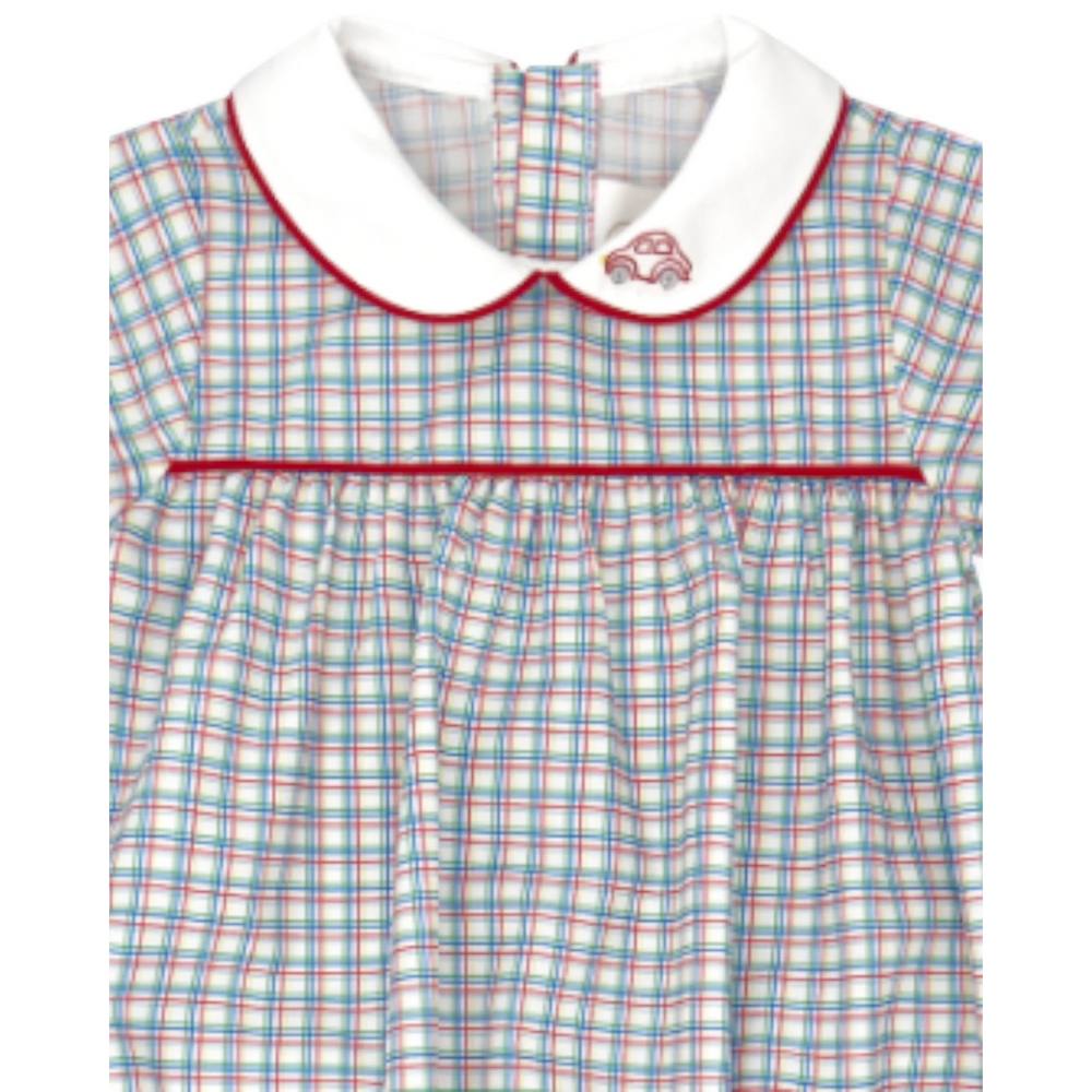 That Store boys bubble in primary plaid fabric with a white peter pan collar and red car embroidery detail.
