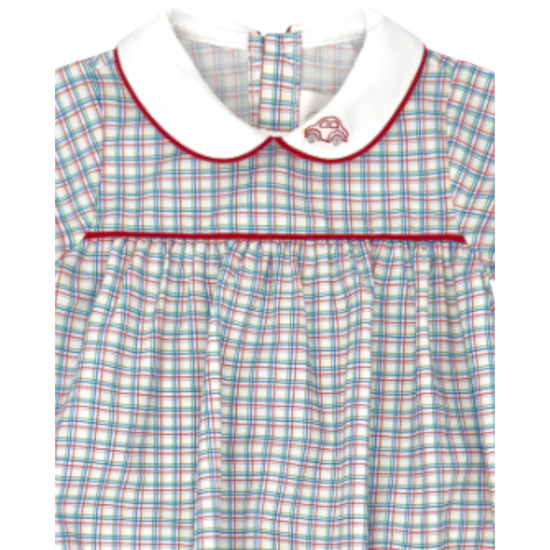 That Store boys bubble in primary plaid fabric with a white peter pan collar and red car embroidery detail.