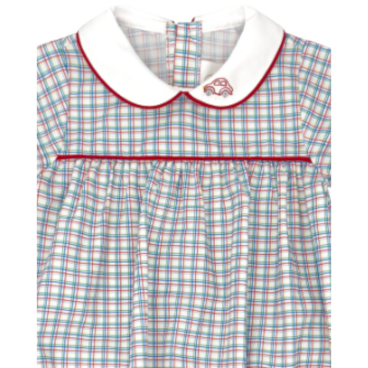 That Store boys bubble in primary plaid fabric with a white peter pan collar and red car embroidery detail.