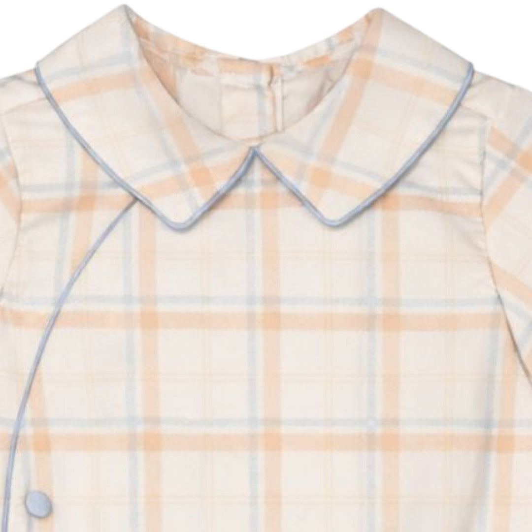 That Store boys button bubble in brown Aspen plaid with a classic collar and light blue piping detail