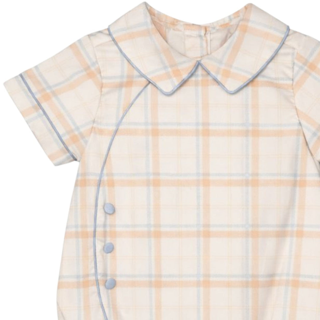 That Store boys button bubble in brown Aspen plaid with a classic collar and side button detail for fall outfits.
