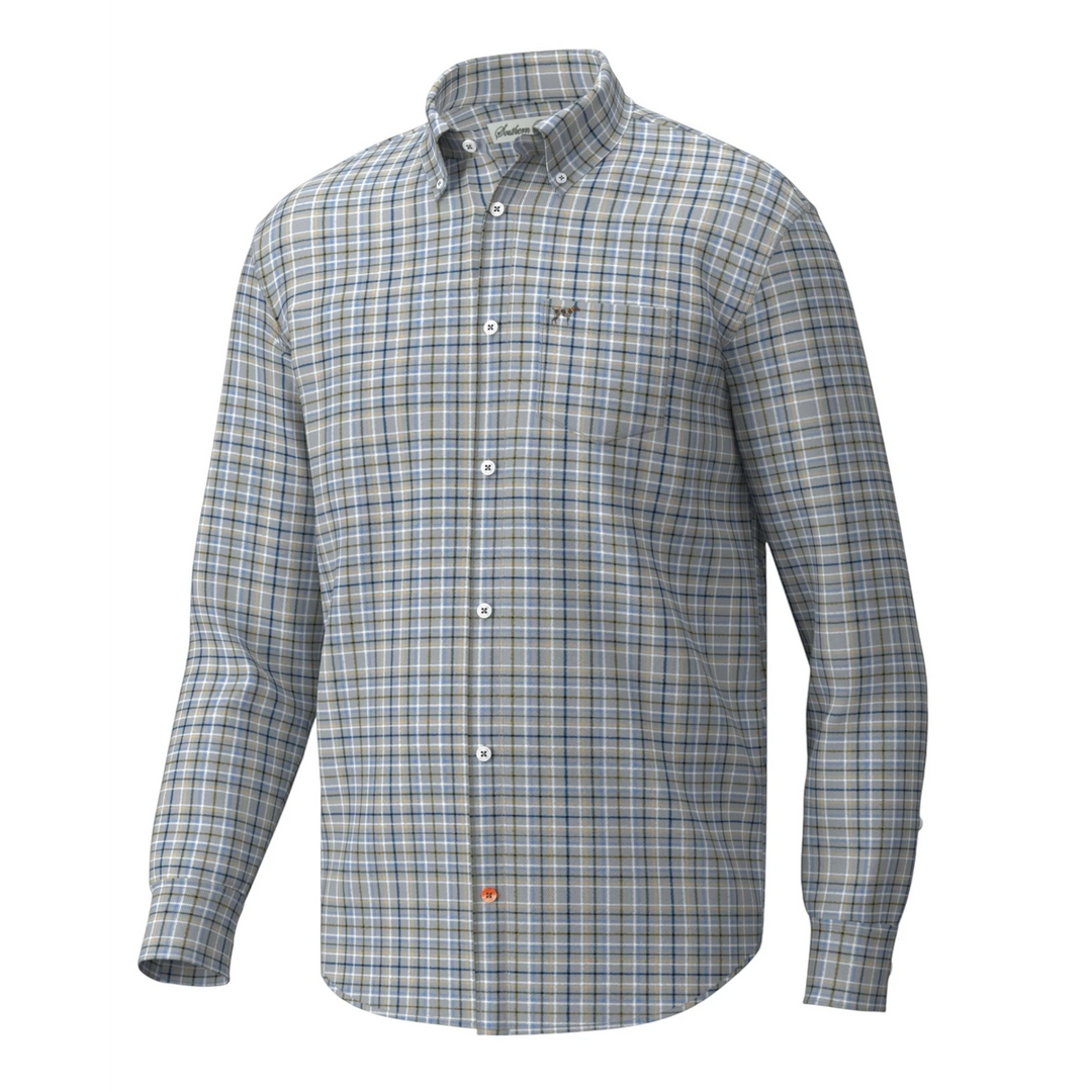 That Store Youth Hadley Luxe boys long-sleeve button-down shirt in a blue and grey plaid viscose blend fabric.