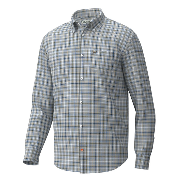 That Store Youth Hadley Luxe boys long-sleeve button-down shirt in a blue and grey plaid viscose blend fabric.