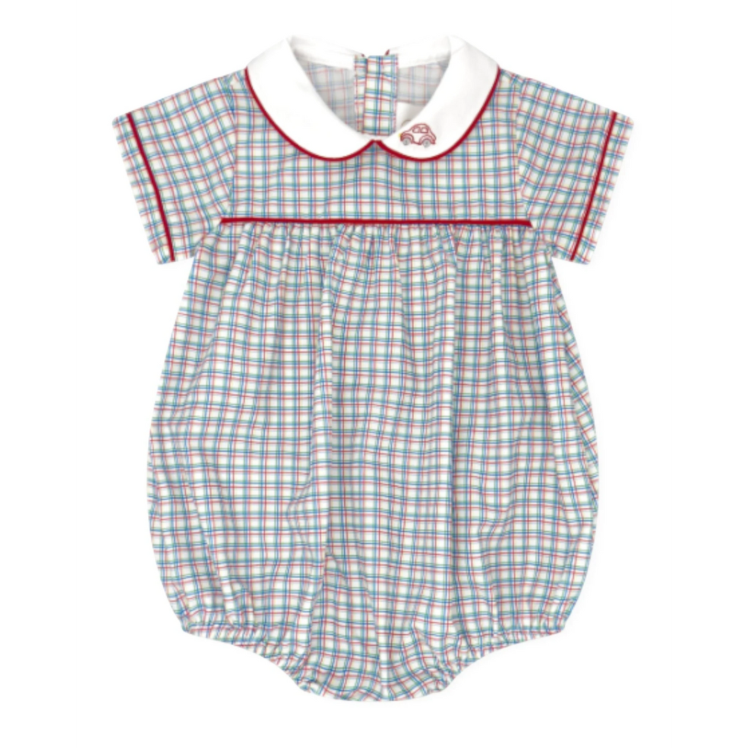 That Store boys bubble in primary plaid fabric with a white Peter Pan collar and red car embroidery detail.