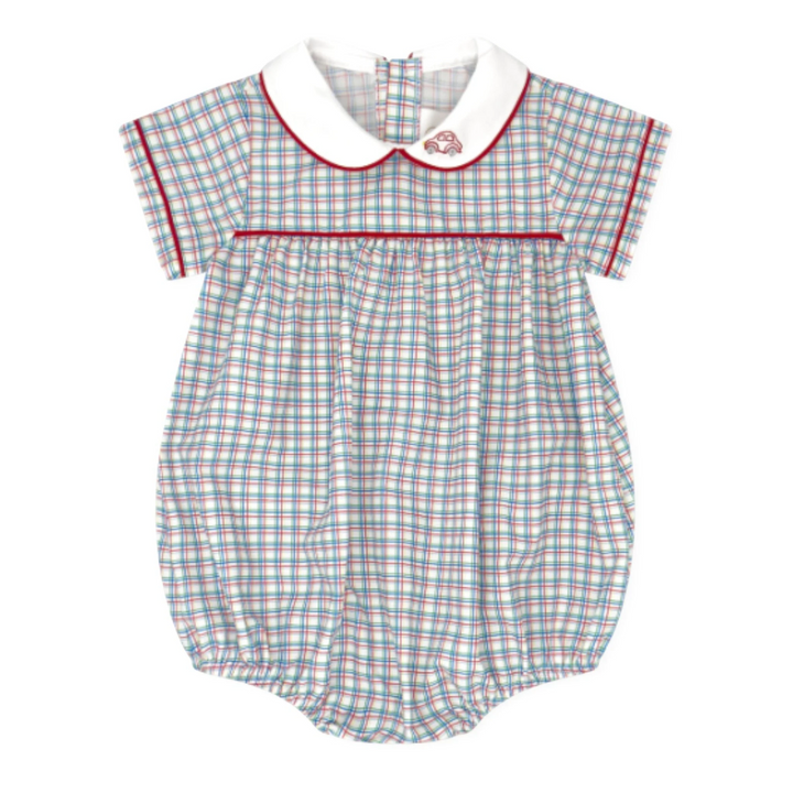 That Store boys bubble in primary plaid fabric with a white Peter Pan collar and red car embroidery detail.