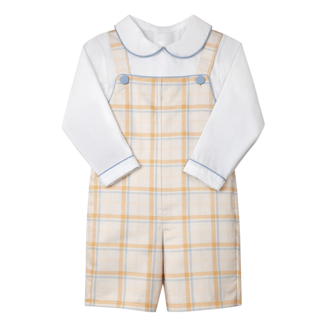That Store boys Noah jon jon set in brown Aspen plaid with a white long-sleeve shirt and blue piping details.