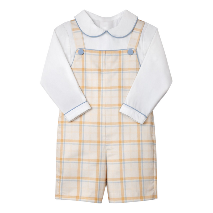 That Store boys Noah jon jon set in brown Aspen plaid with a white long-sleeve shirt and blue piping details.