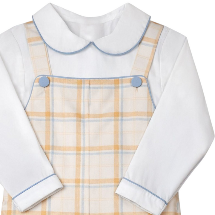 That Store boys jon jon set in brown Aspen plaid with white long-sleeve shirt, blue piping, and blue button details.
