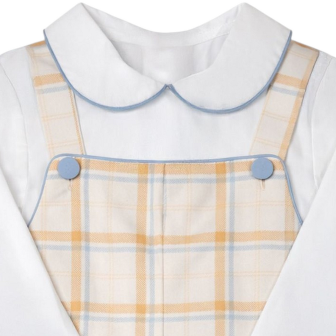 That Store boys brown Aspen plaid jon jon set with white collared shirt and blue piping details.