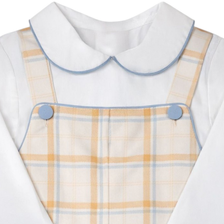 That Store boys brown Aspen plaid jon jon set with white collared shirt and blue piping details.