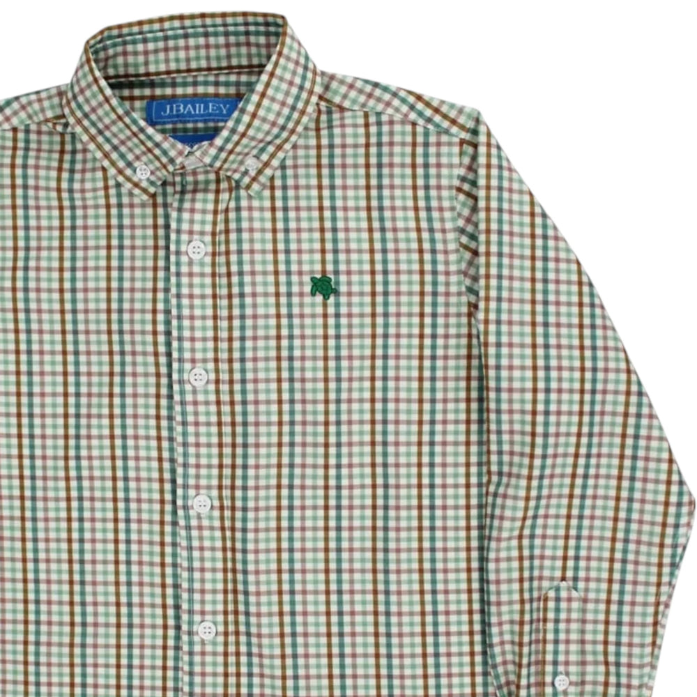 That Store J. Bailey boys performance button-down shirt in acorn plaid with green turtle logo embroidery