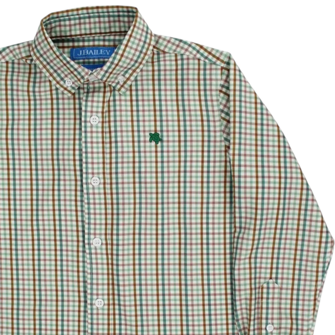 That Store J. Bailey boys performance button-down shirt in acorn plaid with green turtle logo embroidery