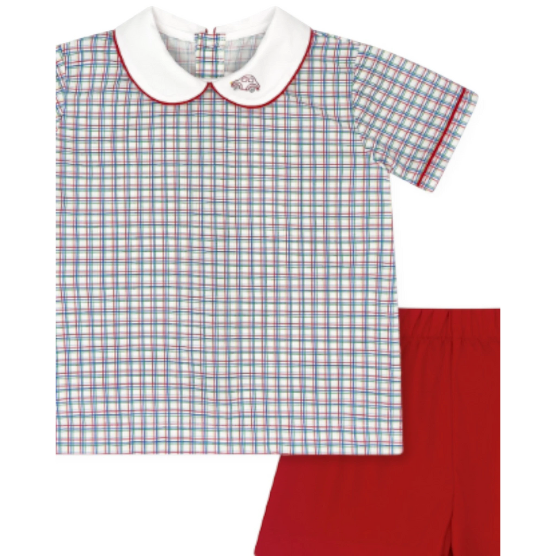 That Store Sibley boys short set in Raleigh Red primary plaid with a peter pan collar and embroidered car detail.