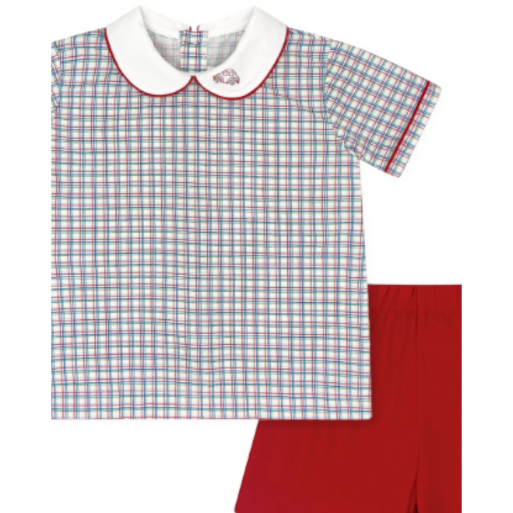 That Store Sibley boys short set in Raleigh Red primary plaid with a peter pan collar and embroidered car detail.