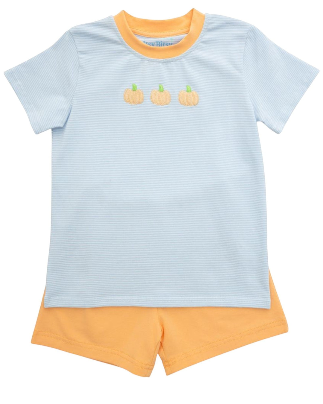 That Store boys short set featuring a light blue striped shirt with pumpkin embroidery and orange shorts.
