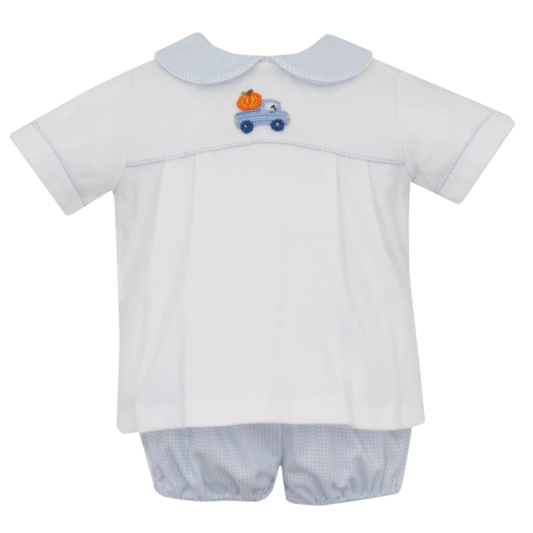 That Store boys cotton diaper set with white shirt, blue gingham collar, and crocheted pumpkin truck applique.