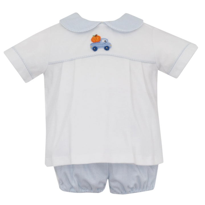 That Store boys cotton diaper set with white shirt, blue gingham collar, and crocheted pumpkin truck applique.