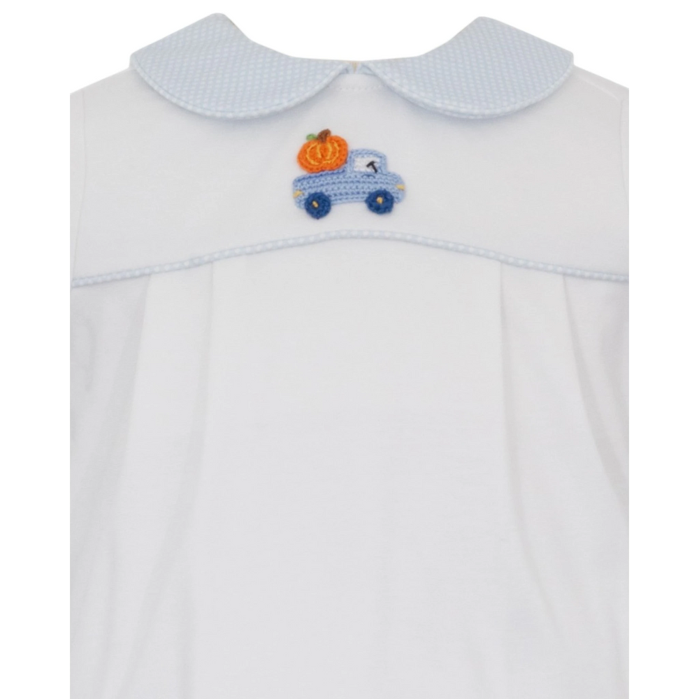 That Store boys white cotton outfit with blue gingham collar and crocheted pumpkin truck applique for fall