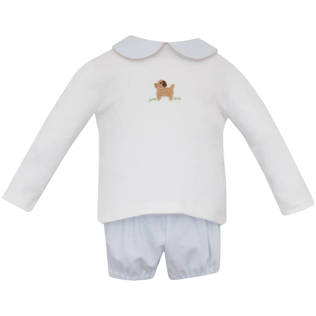 That Store boys' white long-sleeve shirt with puppy crochet detail and blue striped diaper cover set in 100% cotton.
