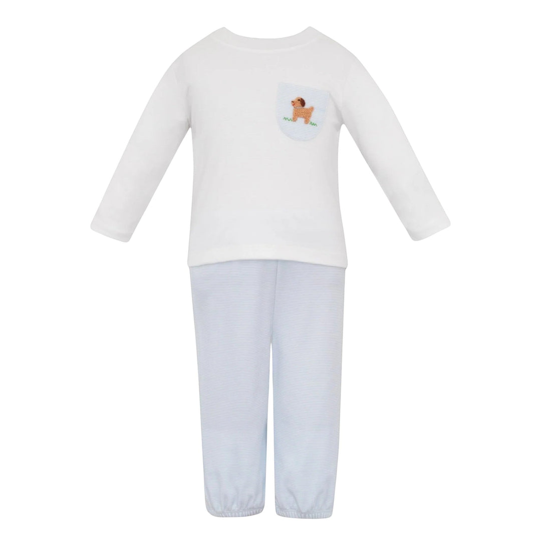 That Store boys two-piece set with white long-sleeve top featuring a crochet puppy pocket and blue striped knit pants.