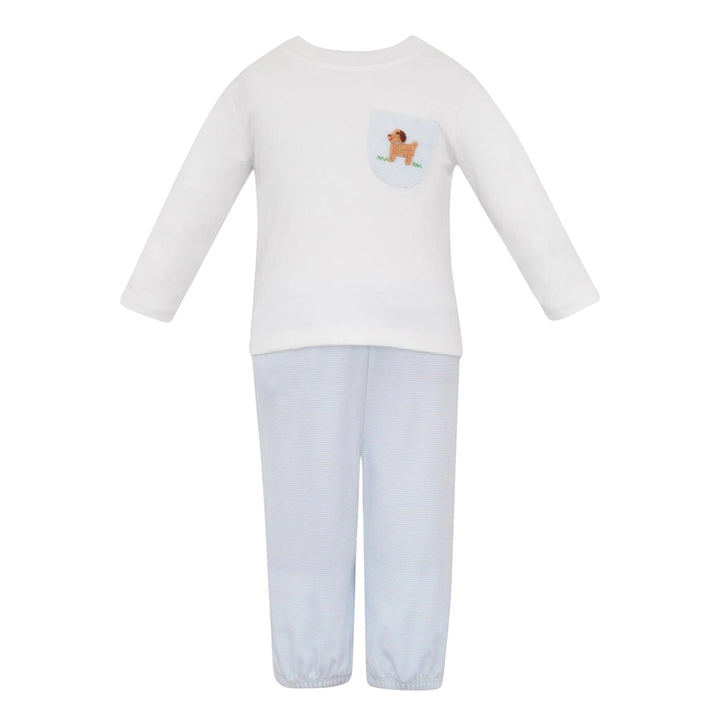That Store boys two-piece set with white long-sleeve top featuring a crochet puppy pocket and blue striped knit pants.