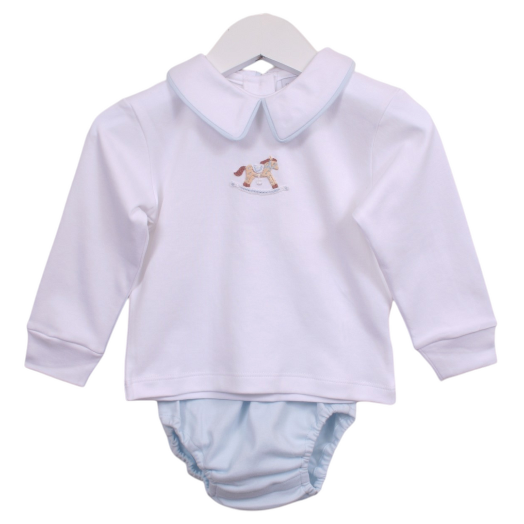 That Store boys white long sleeve Pima cotton diaper set with blue piped Peter Pan collar and rocking horse embroidery