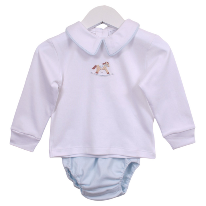 That Store boys white long sleeve Pima cotton diaper set with blue piped Peter Pan collar and rocking horse embroidery