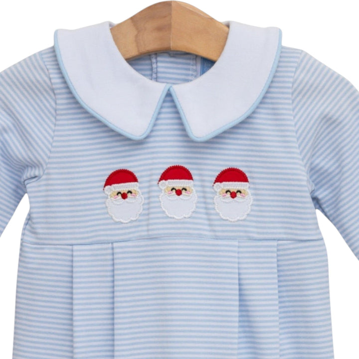 That Store boys bubble in blue stripe cotton with three embroidered Santa appliques and a white Peter Pan collar.