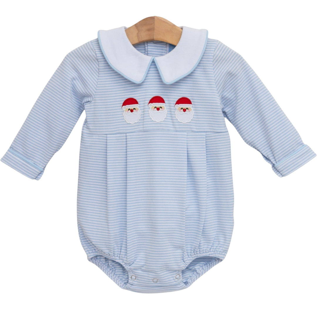 That Store boys bubble in blue stripe cotton with three Santa appliques and a Peter Pan collar for Christmas.