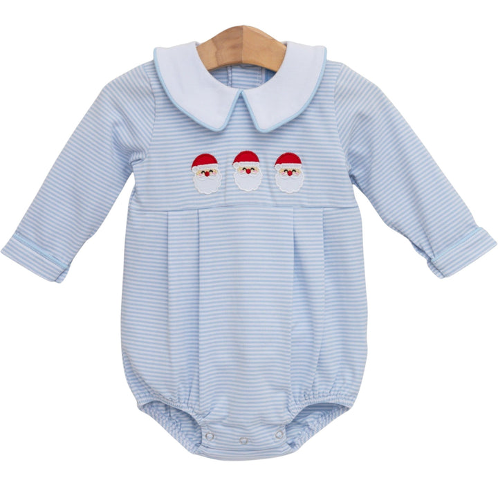 That Store boys bubble in blue stripe cotton with three Santa appliques and a Peter Pan collar for Christmas.