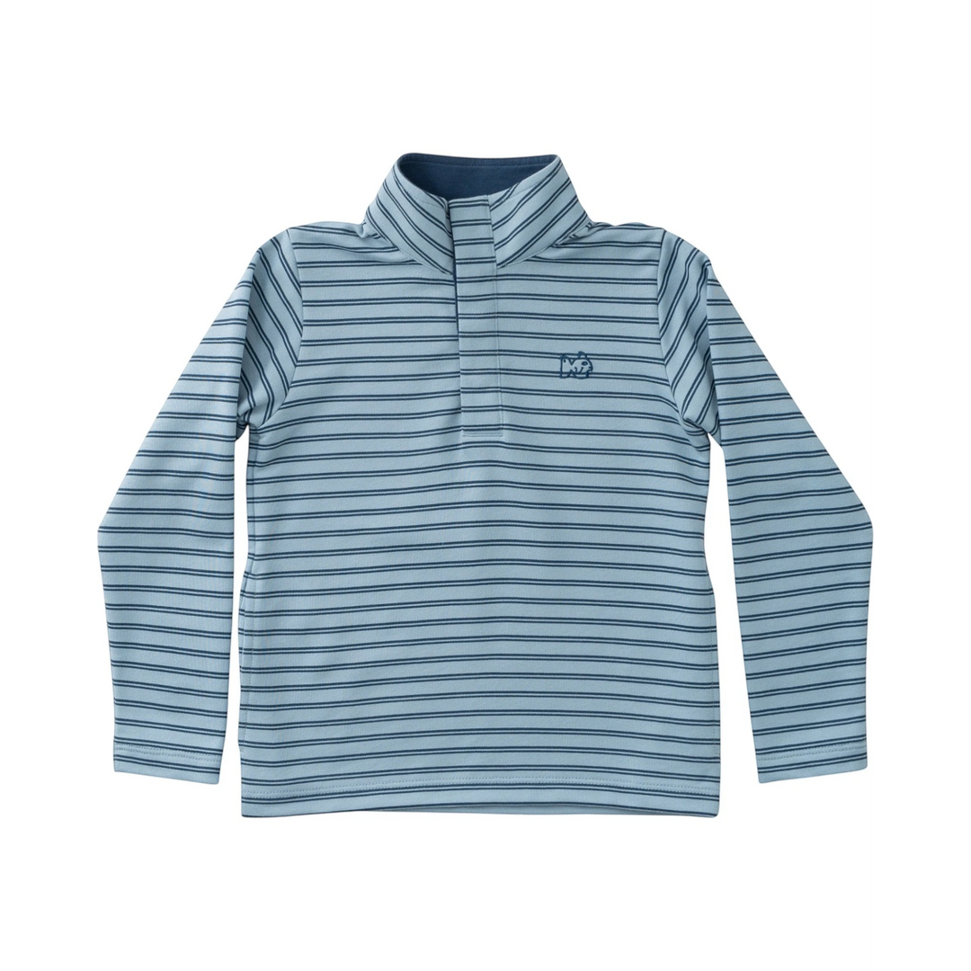 That Store boys sporty snap pullover in ashley blue dark denim stripe with stand up collar and fish logo embroidery.