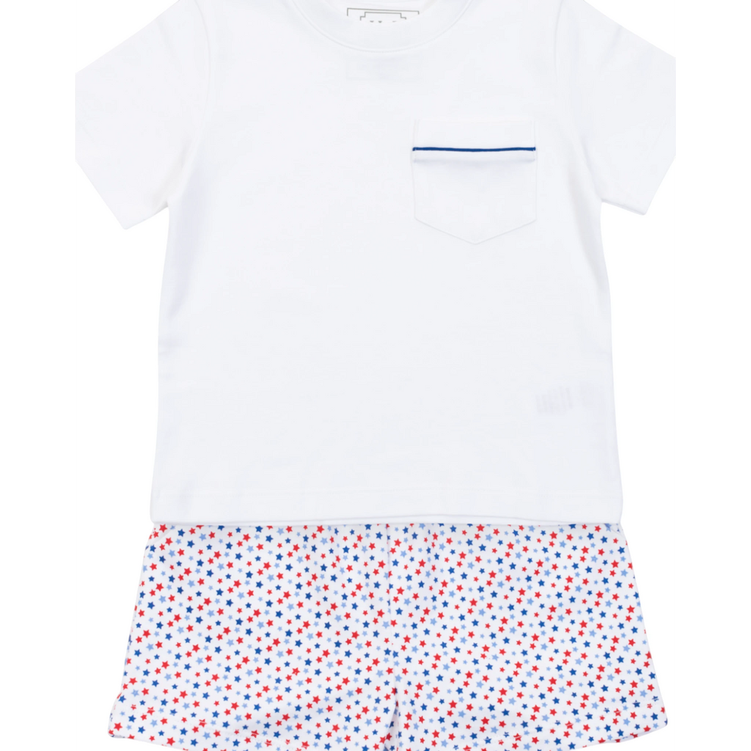 That Store boys short set in white pima cotton with red and blue star print shorts and contrast piping on pocket