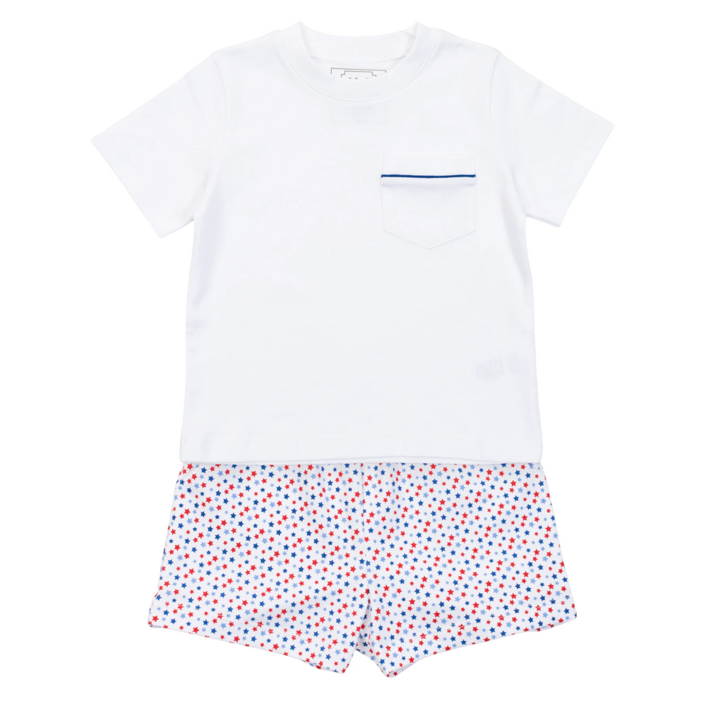That Store boys Pima cotton short set with white t-shirt featuring blue piping and red and blue star print shorts