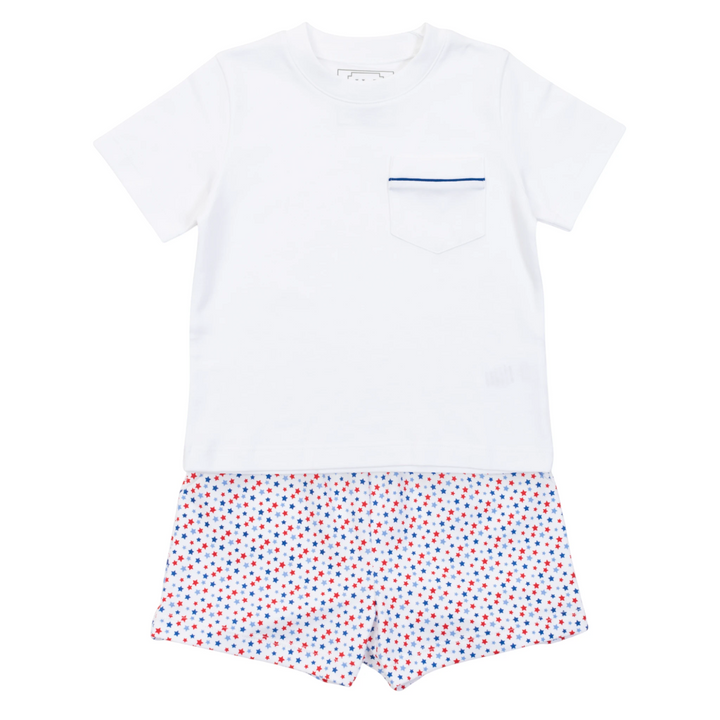 That Store boys Pima cotton short set with white t-shirt featuring blue piping and red and blue star print shorts