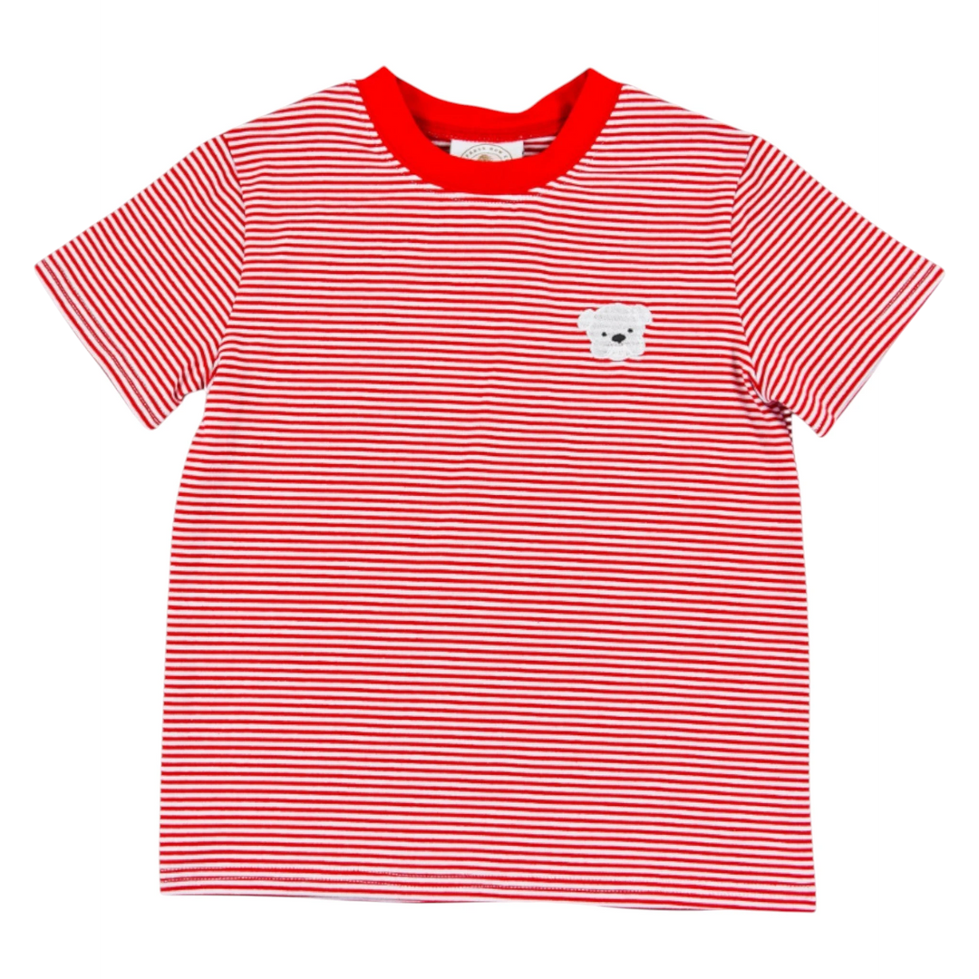 That Store boys crew neck t-shirt in white and red stripes with an embroidered bulldawg logo on the chest.